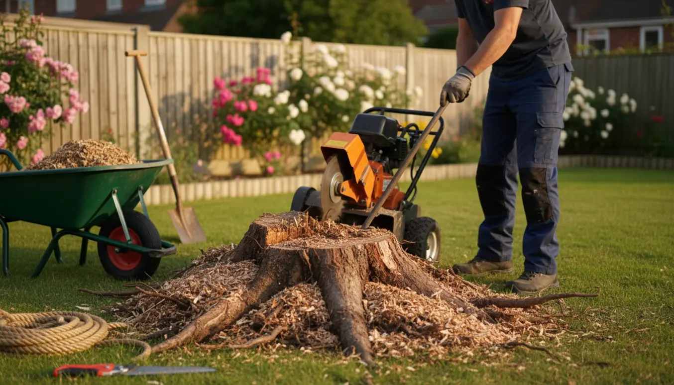 Delvist fjernet træstub i en villahave med flis, en stubfræser og arbejdshandsker.
