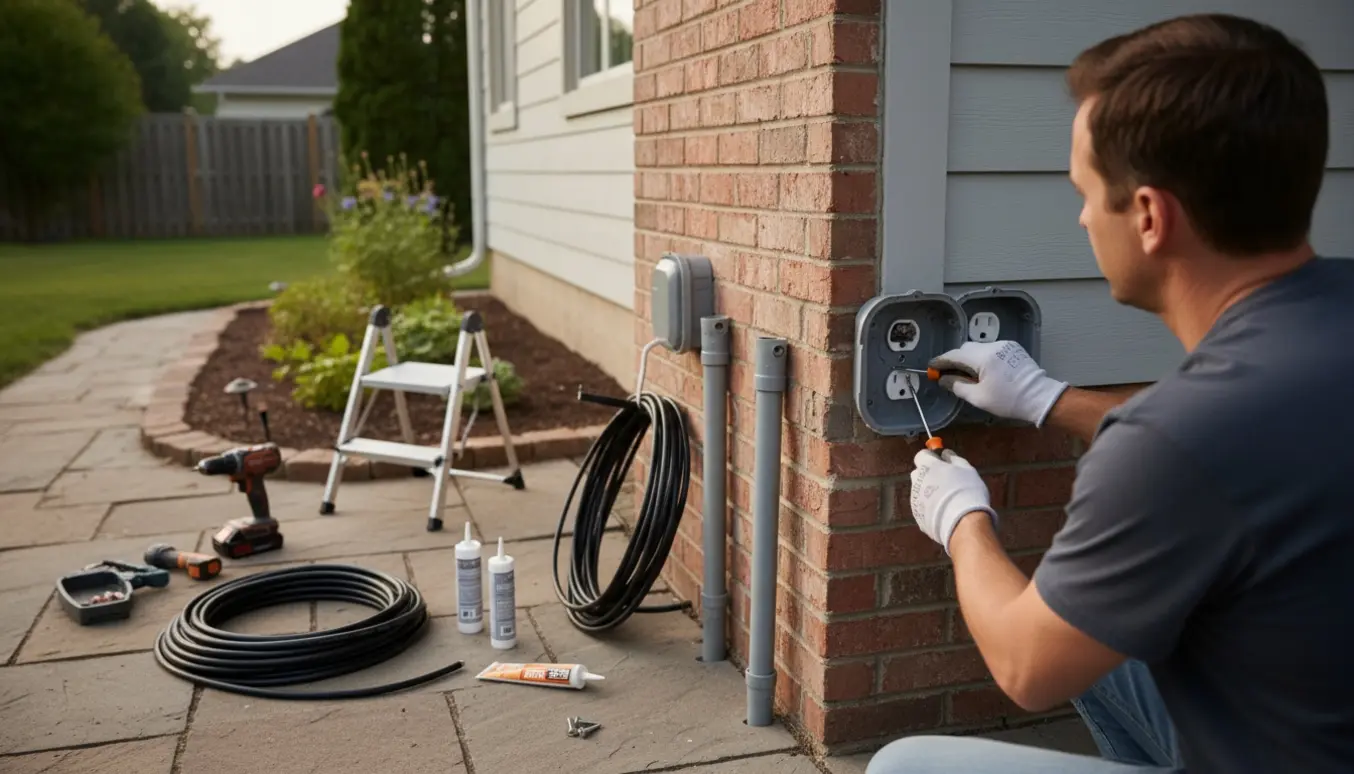 To udendørs stikkontakter monteres på husfacaden; kun hænder og værktøj er synlige.