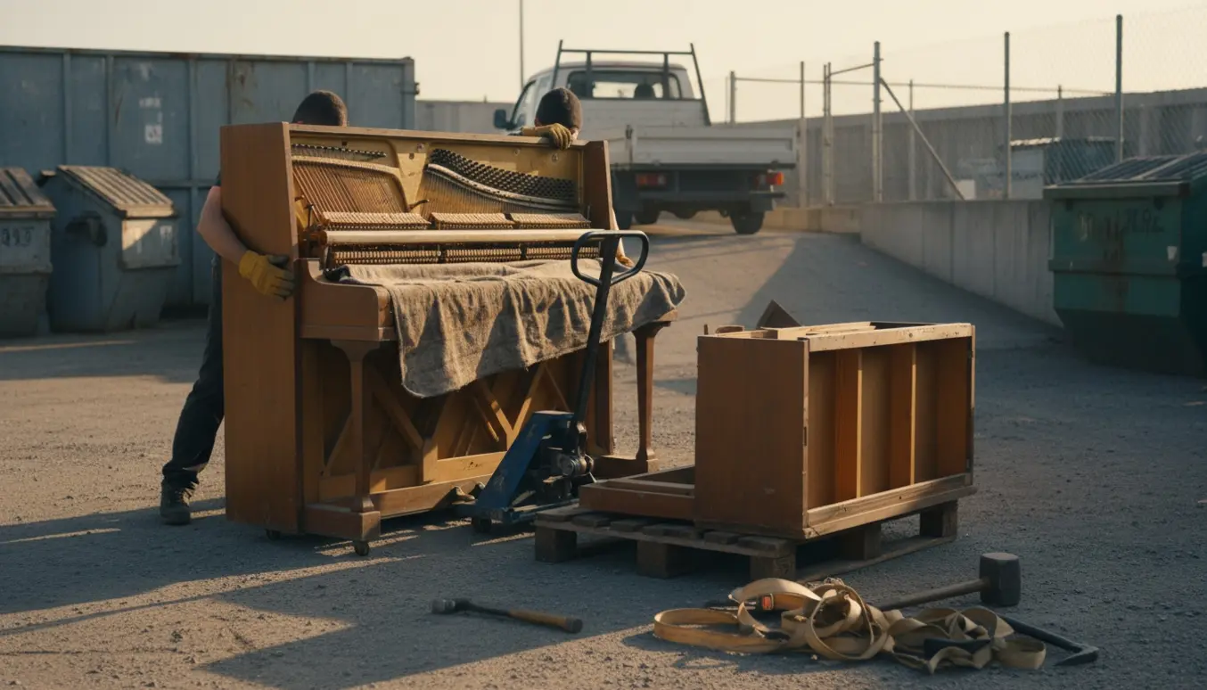 Et delvist adskilt opretstående klaver med jernramme læsses ind i en varevogn ved en genbrugsplads.