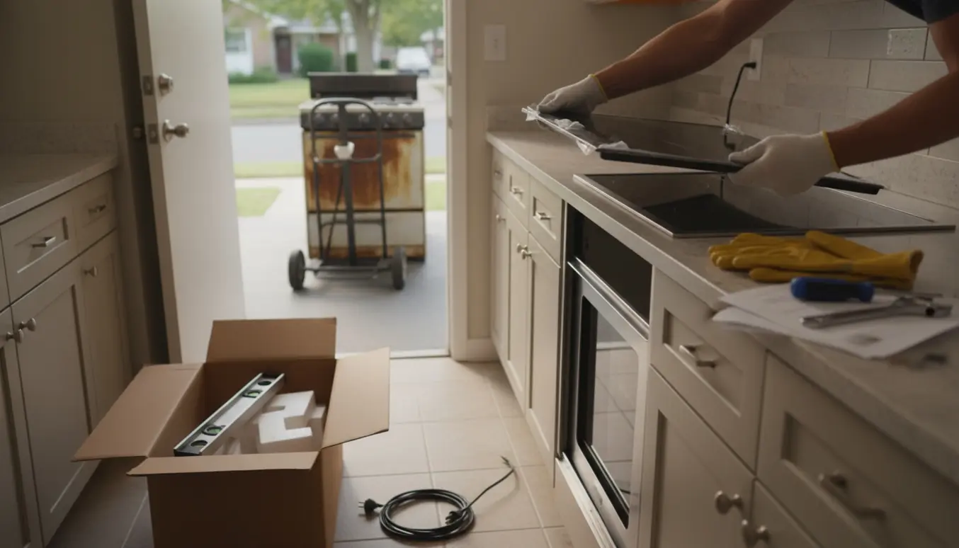 Nyt keramisk komfur skubbes på plads i et lejlighedskøkken, mens det gamle står på gaden til storskrald.