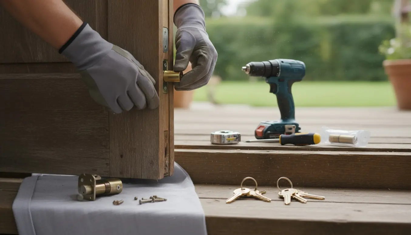 Nærbillede af hænder, der monterer en ny låsecylinder i hoveddøren med tre sæt nøgler klar på siden.