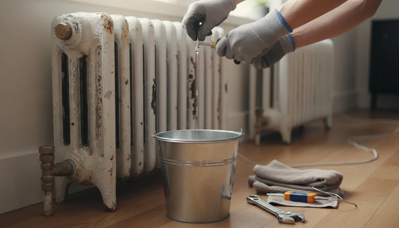 Hænder udlufter en radiator i en lejlighed med en spand under og en anden radiator i baggrunden.