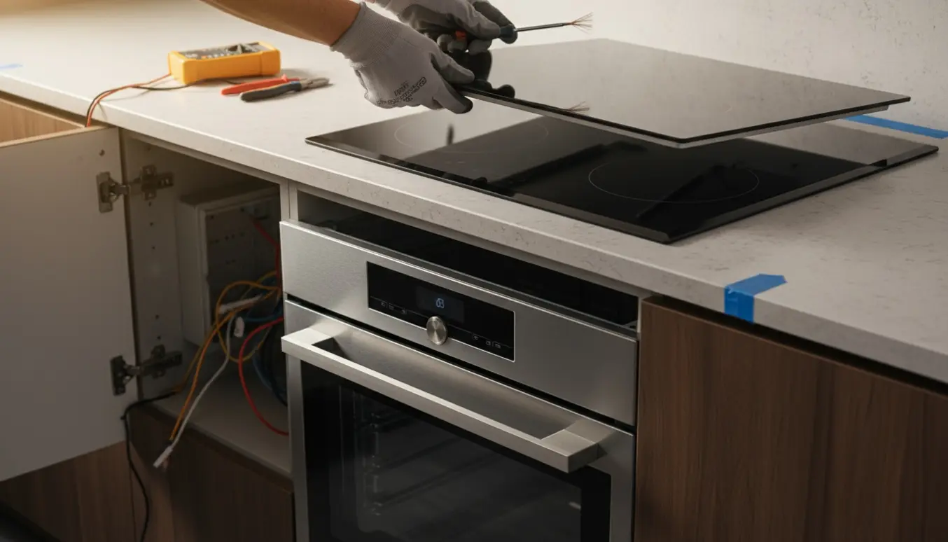 Installatør monterer ny induktionskogeplade og indbygningsovn med åben samledåse i skabet.