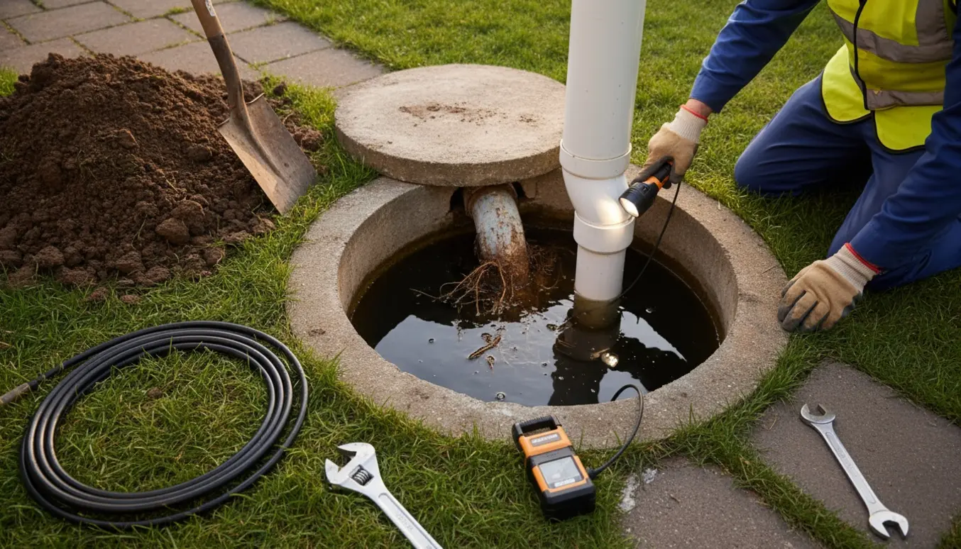 Åben nedløbsbrønd i en gravet have med stående vand og rør, mens en håndværker fra siden undersøger problemet.