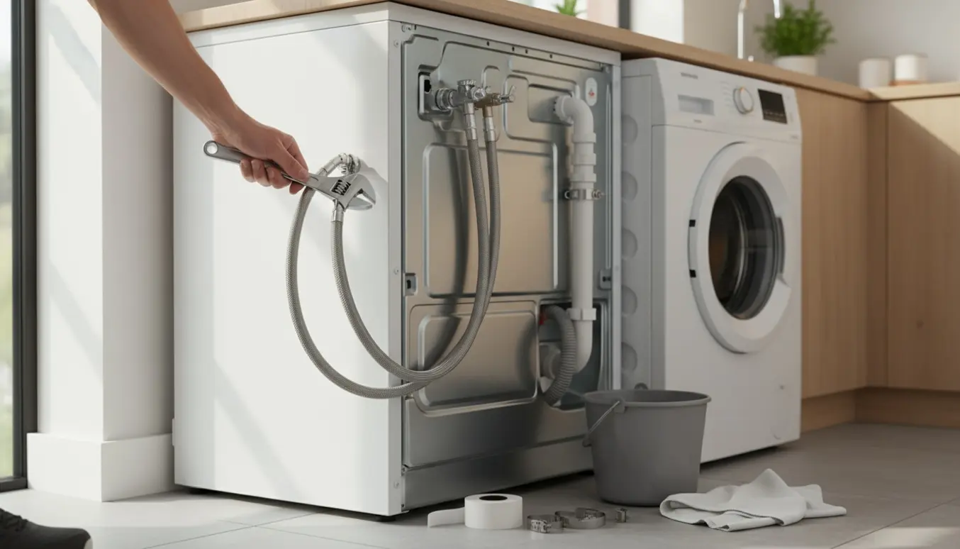 Hænder tilslutter vand- og afløbsslanger til opvaskemaskine og vaskemaskine i et lyst bryggers.