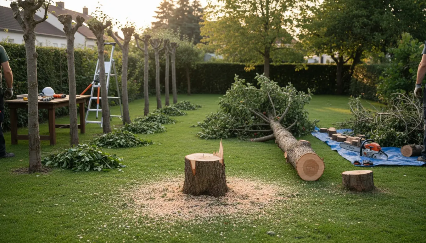 Havearbejde med fældet æbletræ ved græsset, en granstump på 1,5 m og beskårne mindre træer.