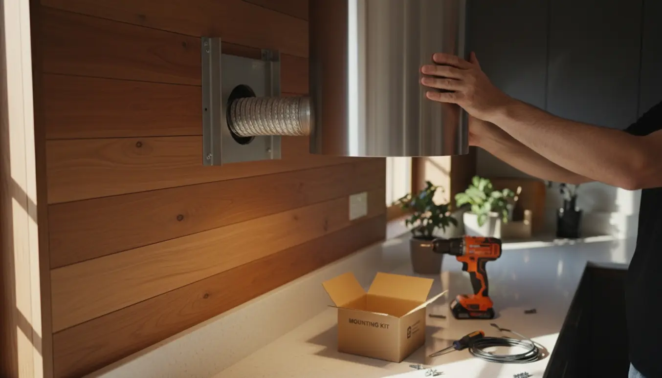 Installering af emhætte på en træydervæg i et lyst køkken med værktøj og tilslutningsrør klar.