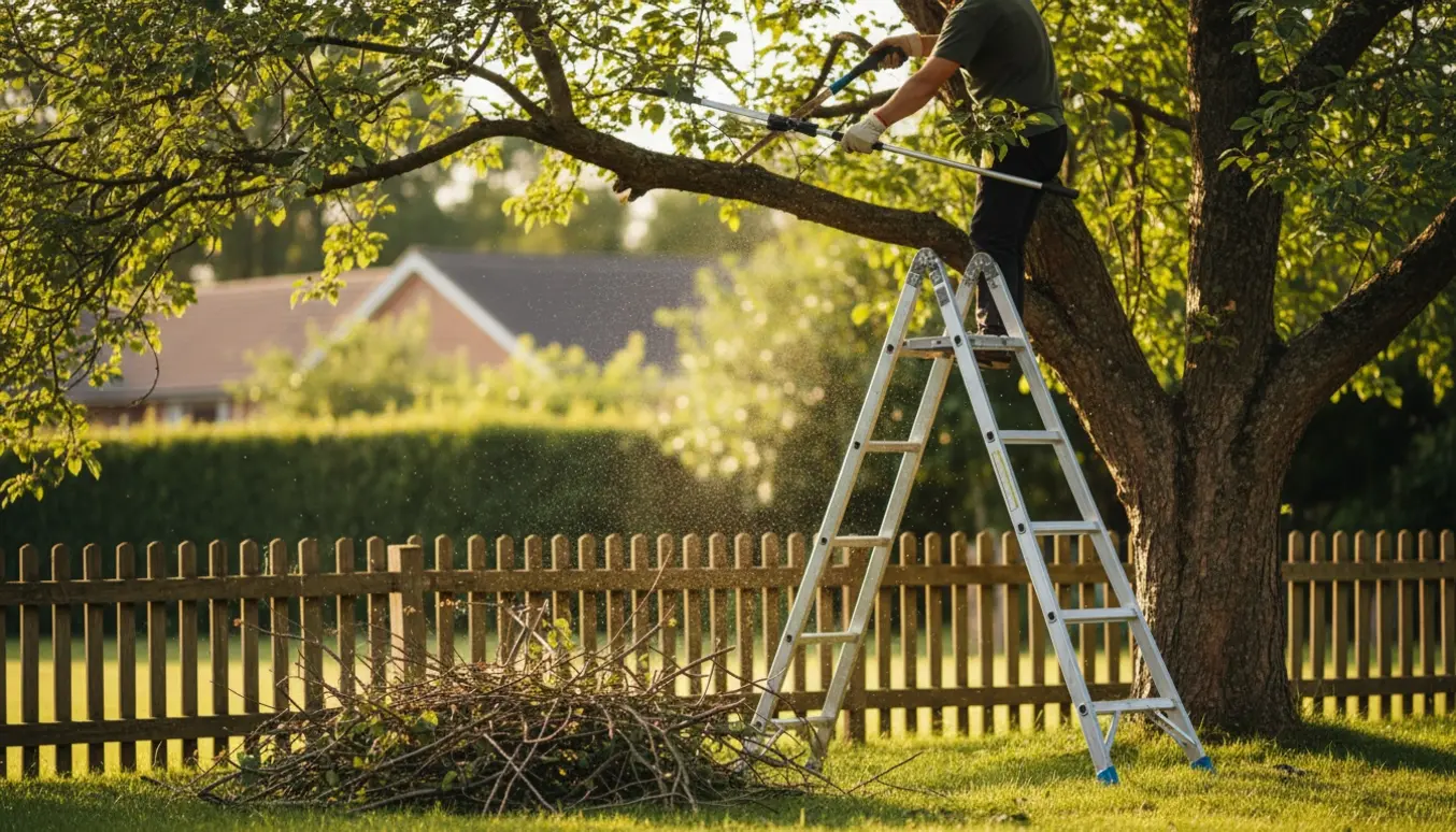Person på stige beskærer tynde overhængende grene fra høje træer over en have, med afklippede grene samlet i en bunke.