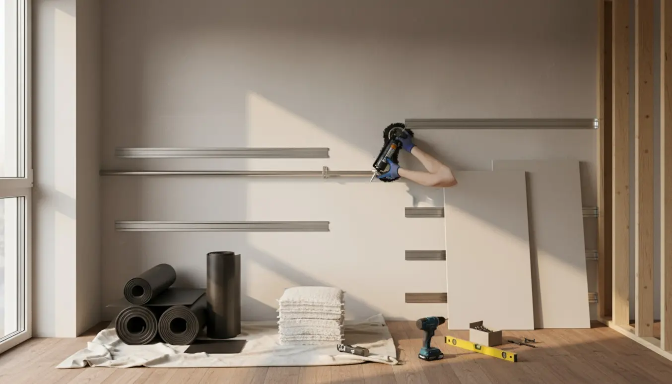 Håndværker påfører lyddæmpende fuge omkring en vandret gasledning på en blottet indervæg med isoleringsmaterialer klar ved siden af.