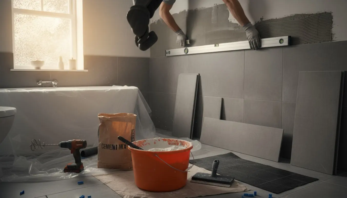 Håndværker uden synligt ansigt lægger fliser i et delvist renoveret mellemstort badeværelse omgivet af værktøj og materialer.