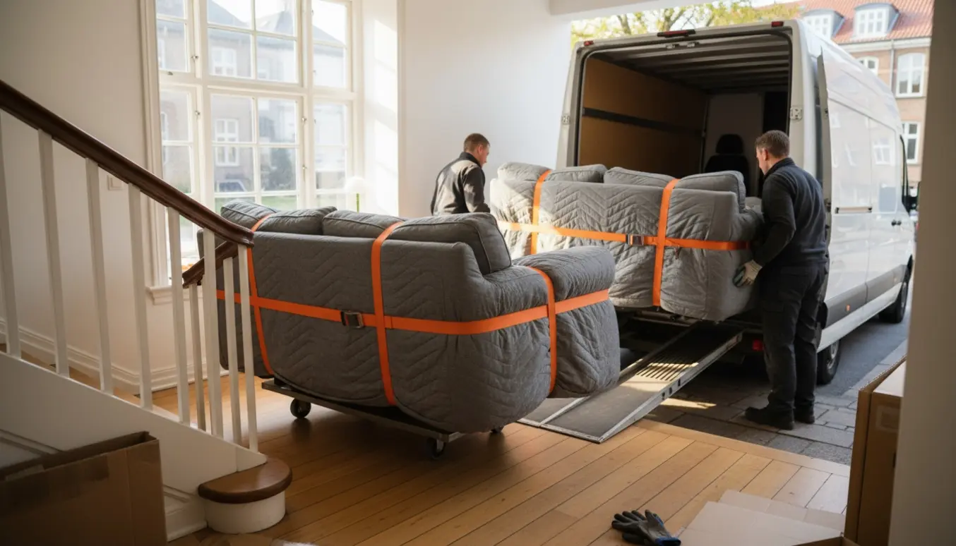 To sofaafsnit pakket ind og læsset fra lejlighed ind i en flyttevogn på en morgen i København.