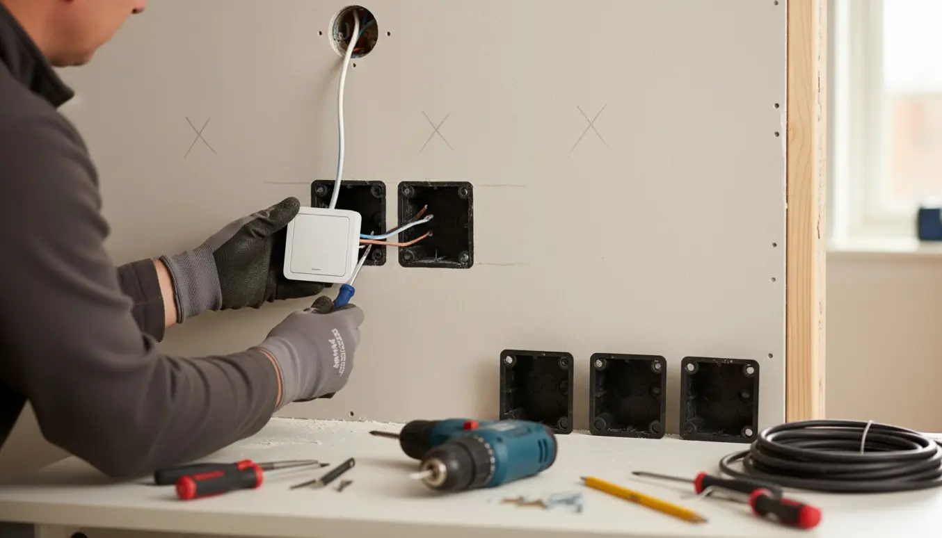 Nærbillede af hænder, der monterer en stikkontakt og forbereder fire kontakter i en skillevæg.