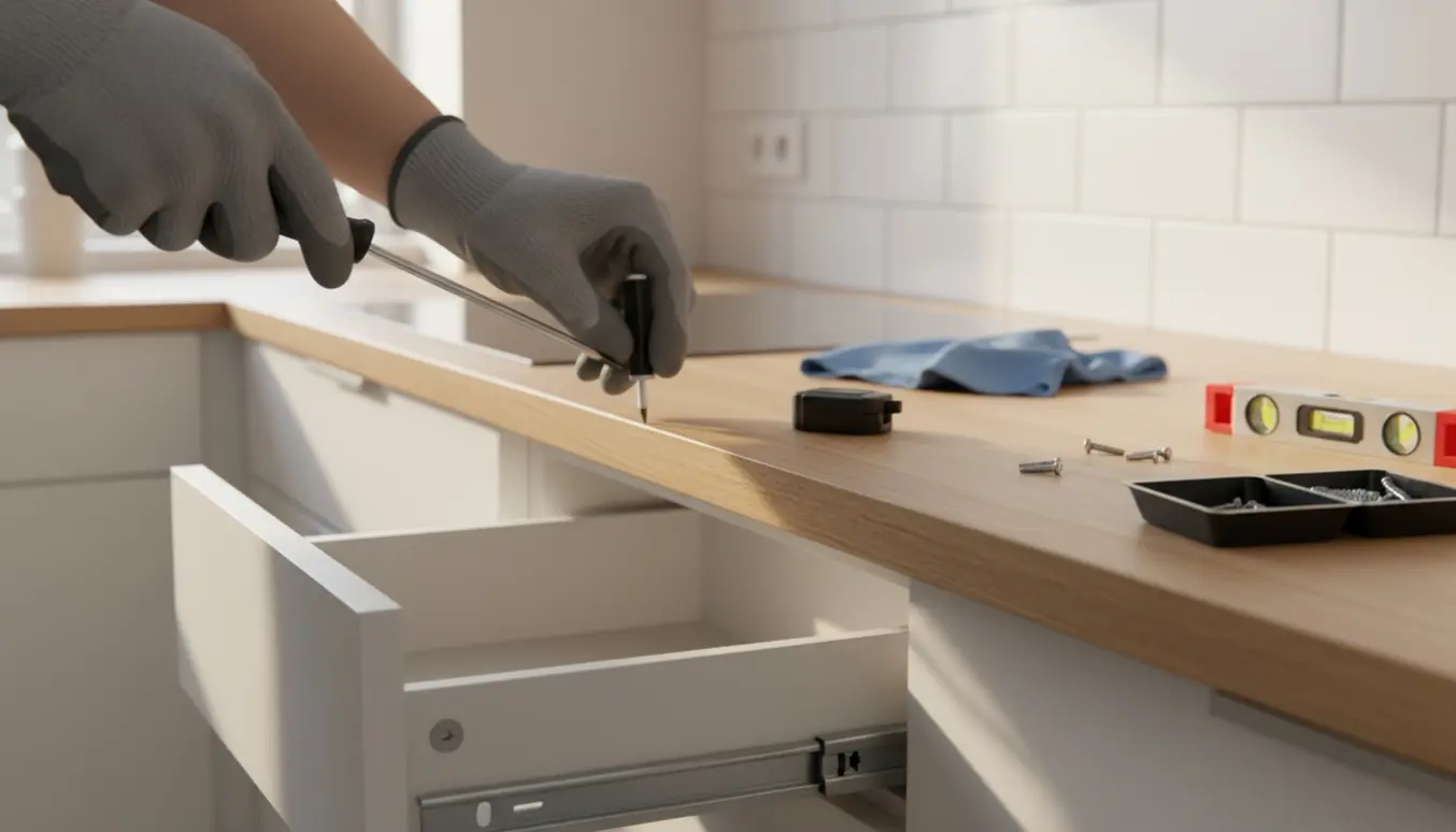 Nærbillede af hænder, der justerer en skæv køkkendør og en skuffe med skruetrækker og reservedele i et moderne køkken.