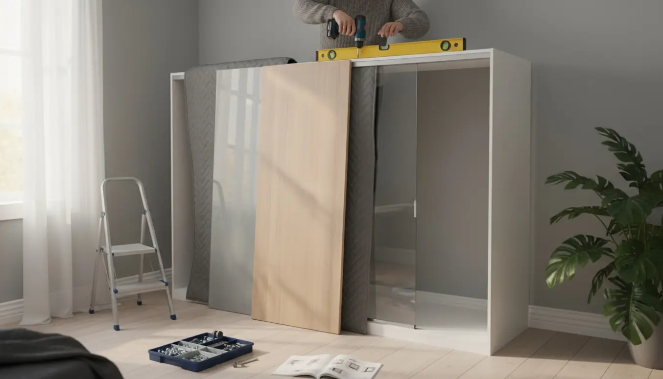 PAX-garderobe med to skydelåger under montering i et lyst soveværelse.