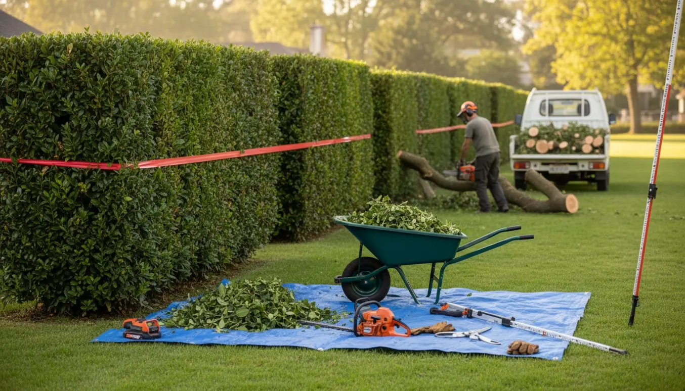Lang hæk bliver beskåret til cirka 1,7 m med motorsav og håndtrimmer, og afklip samles klar til bortskaffelse.