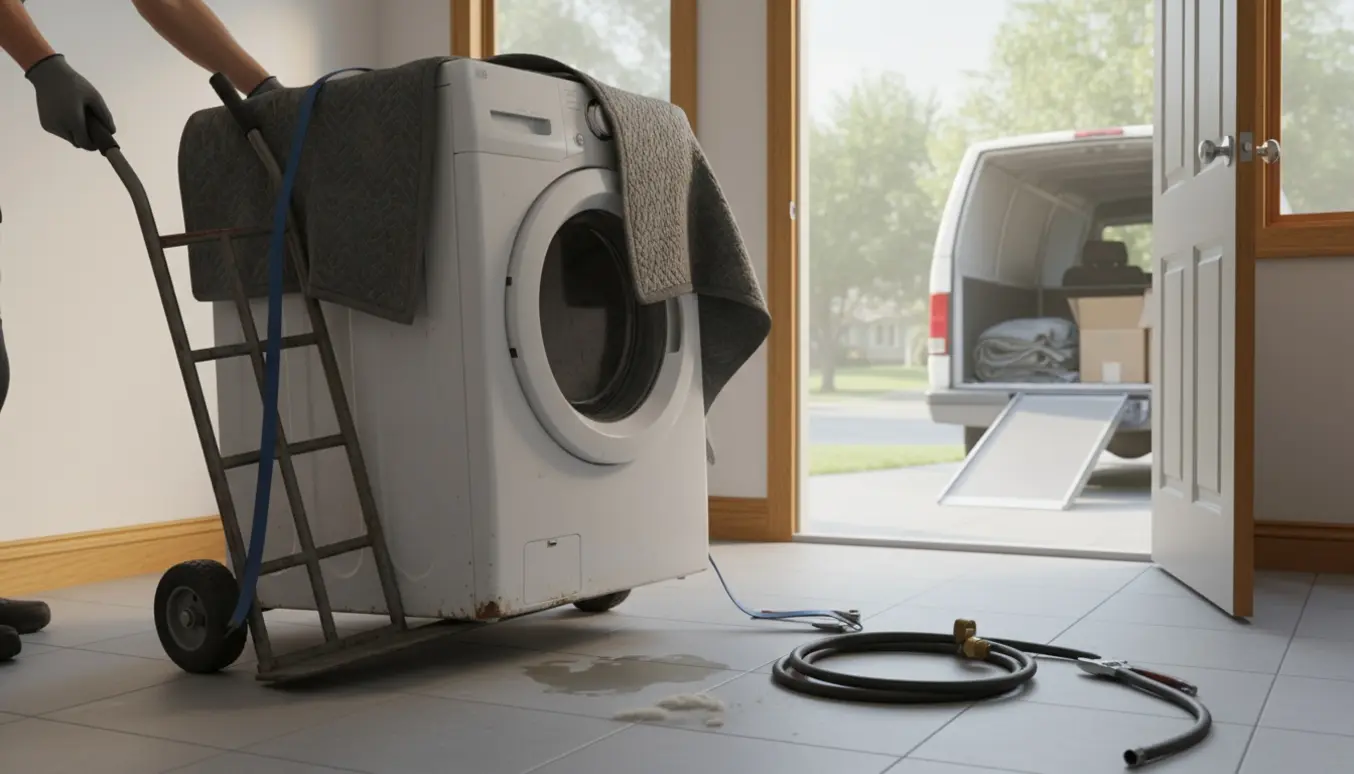 Gammel vaskemaskine sikret på en flyttevogn foran en åben varebil på indkørslen.