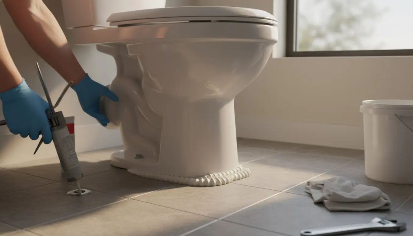 Nyt toilet med S-lås sættes på plads på fliserne, mens lim påføres med fugepistol.