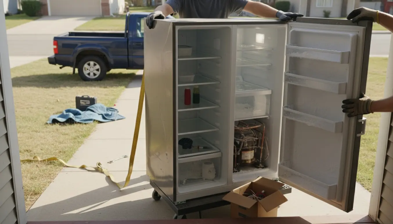 Gammelt amerikansk køleskab på flyttedolly udenfor huset med åben fryser og synlig kompressor.