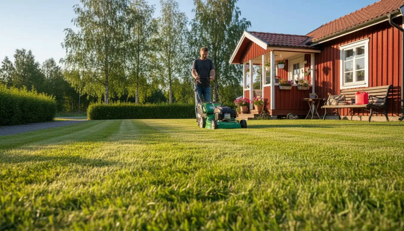 Soloplyst sommerhusgræsplæne med en almindelig plæneklipper, nyklippede striber og synlige græsrester.