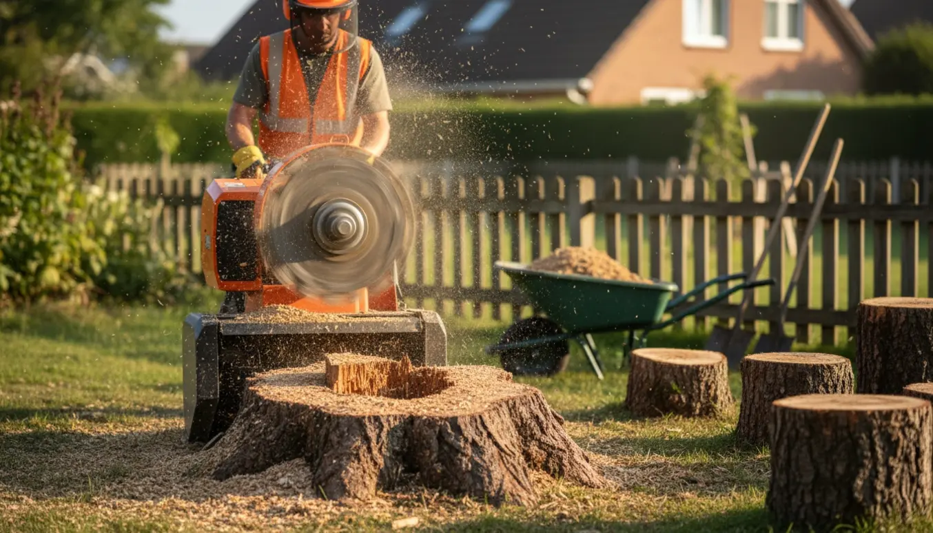 Rodfræser i gang med at fjerne flere træstubbe i en have, træflis flyver omkring.