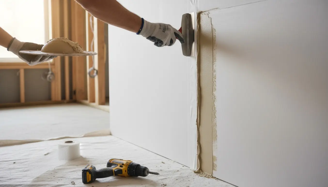 Tæt billede af hænder, der folder tapen ind i frisk spartelmasse på en opsat gipsvæg.