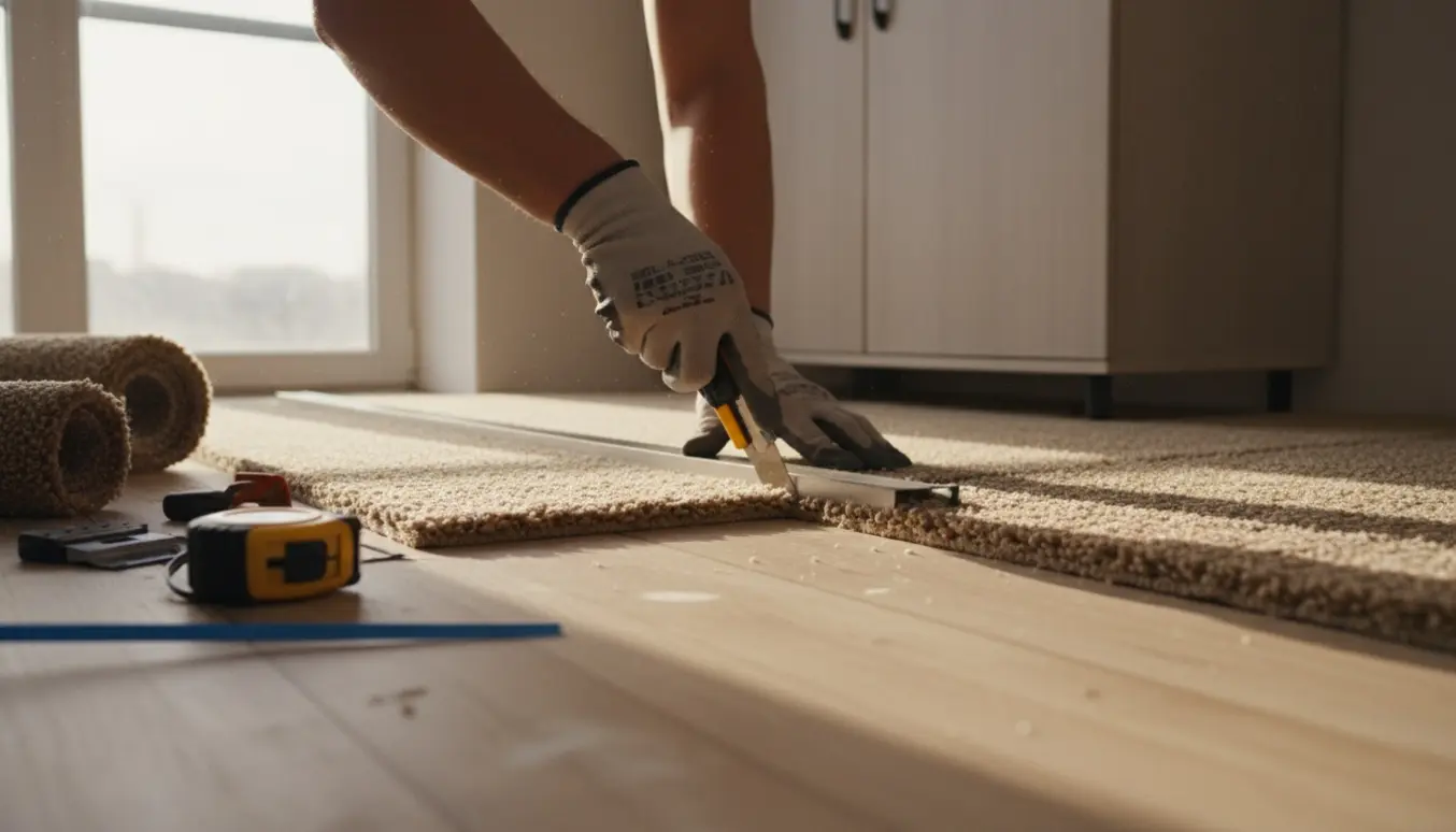 Hænder trimmer gulvtæppe omkring et hjørneskab i et lyst værelse.