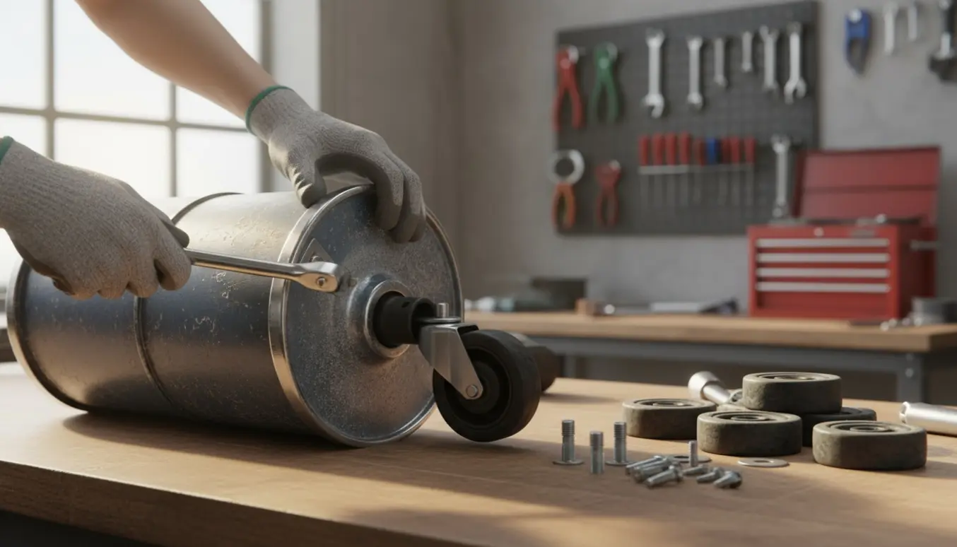 Udskiftning af hjul på en industristøvsuger i et veloplyst værksted.