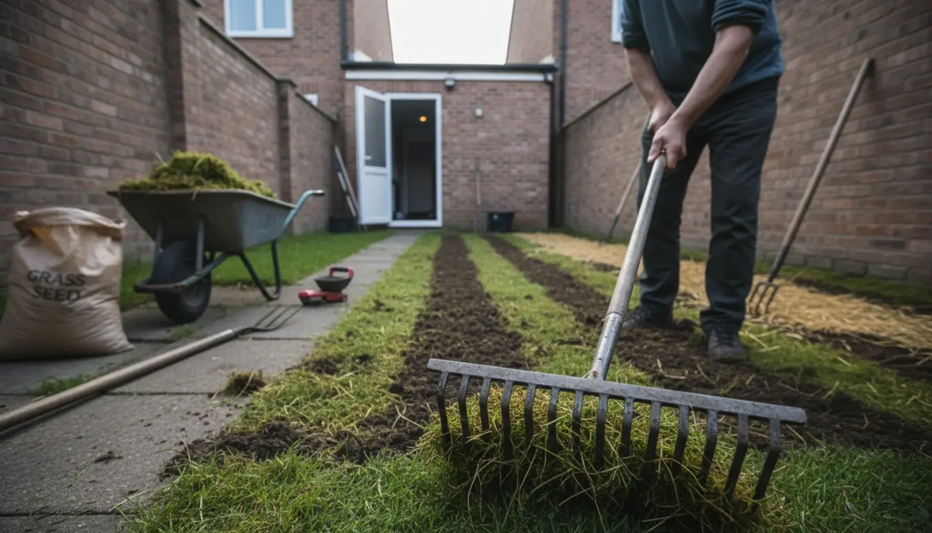 Nærbillede af en lille, skyggefuld baghave hvor mos bliver revet op med en rive og lagt i en trillebør.
