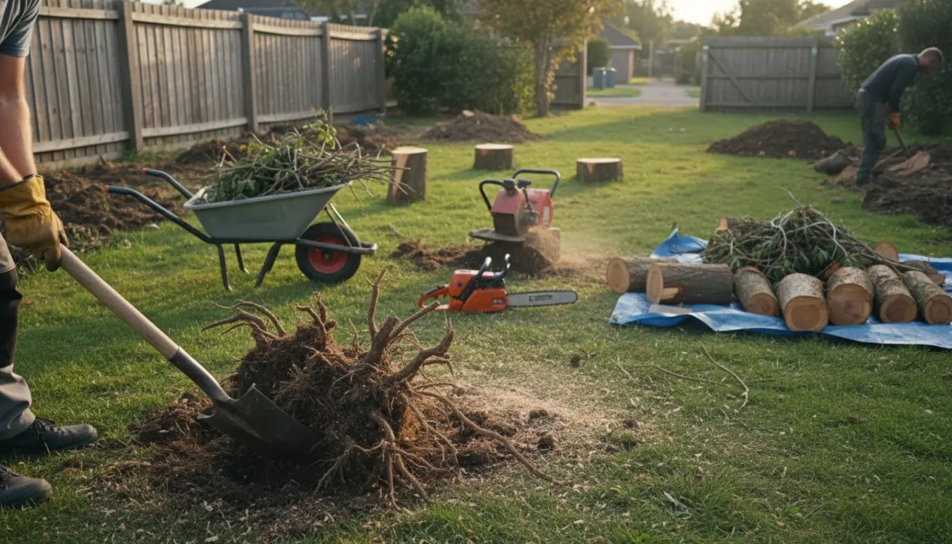 Haveomlægning med opgravede rødder, fældede træstammer og samlet haveaffald klar til bortskaffelse.