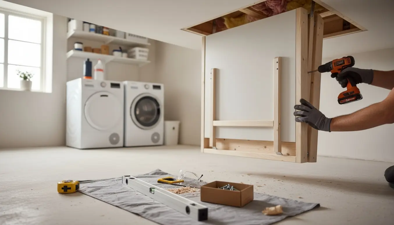 Hænder monterer en ny folde-loftstrappe i et udvidet lofthul i et bryggers.