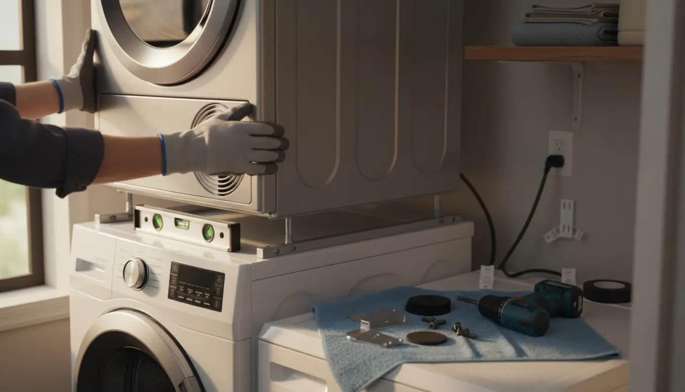 Tørretumbler monteres ovenpå en vaskemaskine med monteringsramme og værktøj i nærheden.