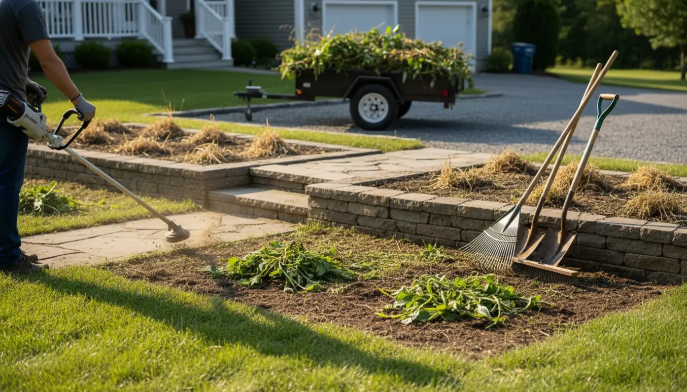 Bagfra set havearbejde med buskrydder, rive og trailer fyldt med ukrudt i indkørsel.