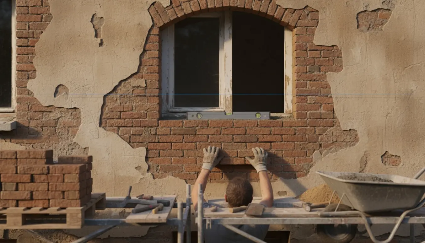 Delvist muret ydre væg hvor en døråbning og området under et vindue med hvide træpaneler mures til.