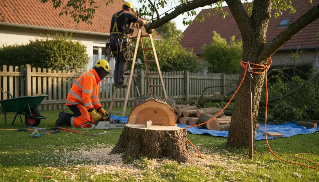 Et stort mirabelletræ fældes tæt ved skellet med sav, tov og stak af grene.