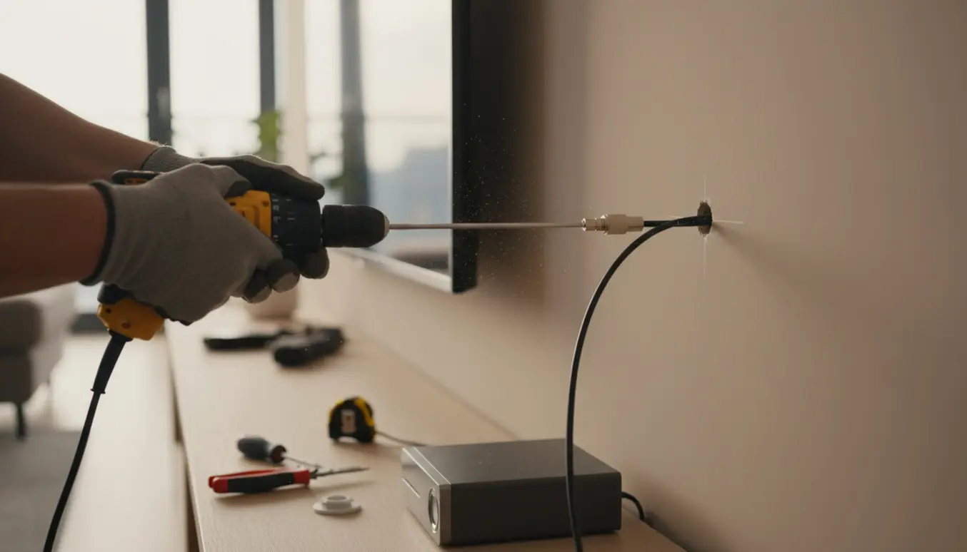 Hænder borer hul i væg for antennekabel bag et vægmonteret TV med TV-boks og værktøj synligt.