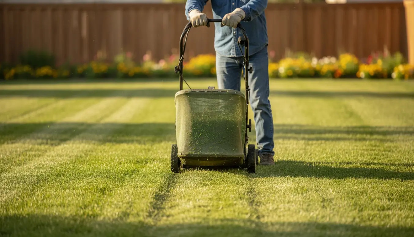 En plæneklipper med opsamler skærer en grøn græsplæne med synlig forskel mellem slået og uslået græs.