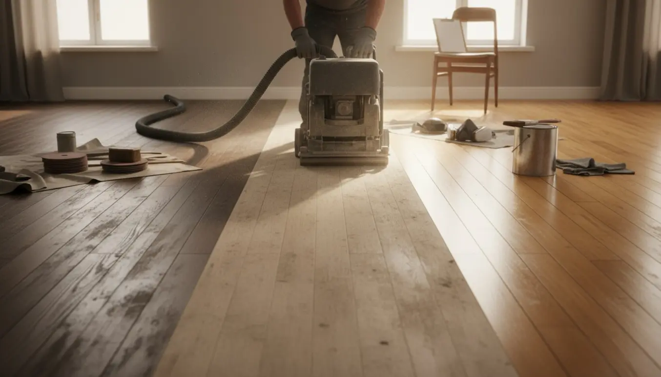 Halvt slebet og olieret gammelt trægulv i et lyst, åbent rum med gulvsliber, olie og en tom klemmeblok klar til regning.