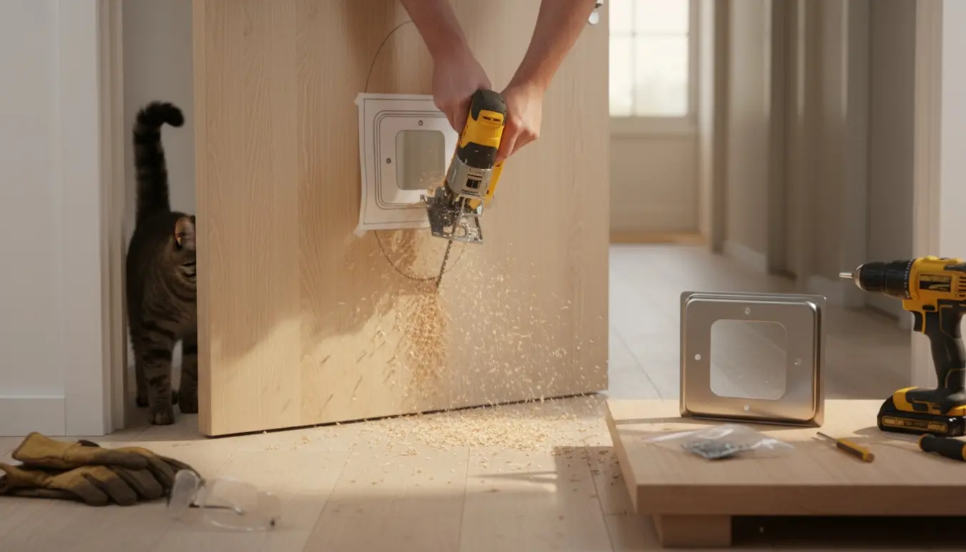 En hånd installerer en kattelem i en trædør med værktøj og savsmuld omkring.