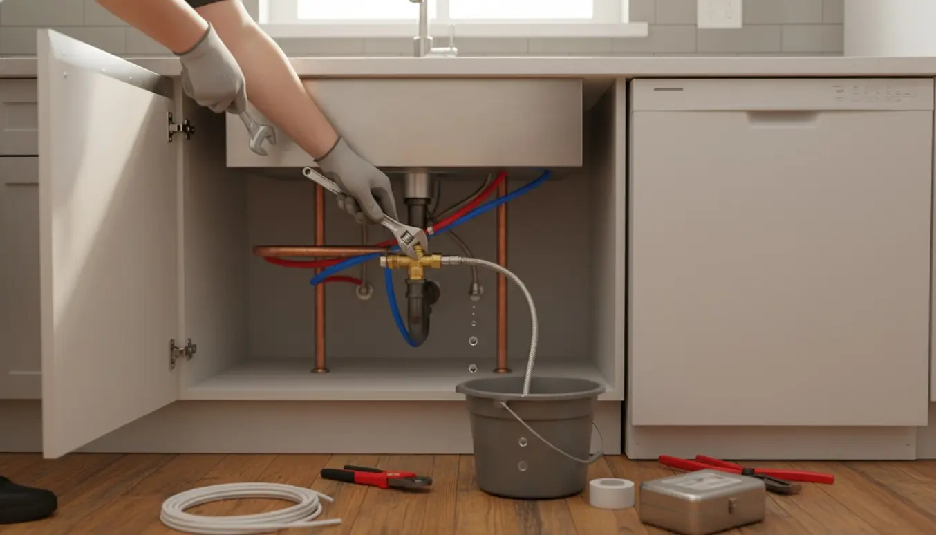 Hænder forbinder en rustfri slange til en ny vandtilførsel til en opvaskemaskine i et åbent køkkenskab.