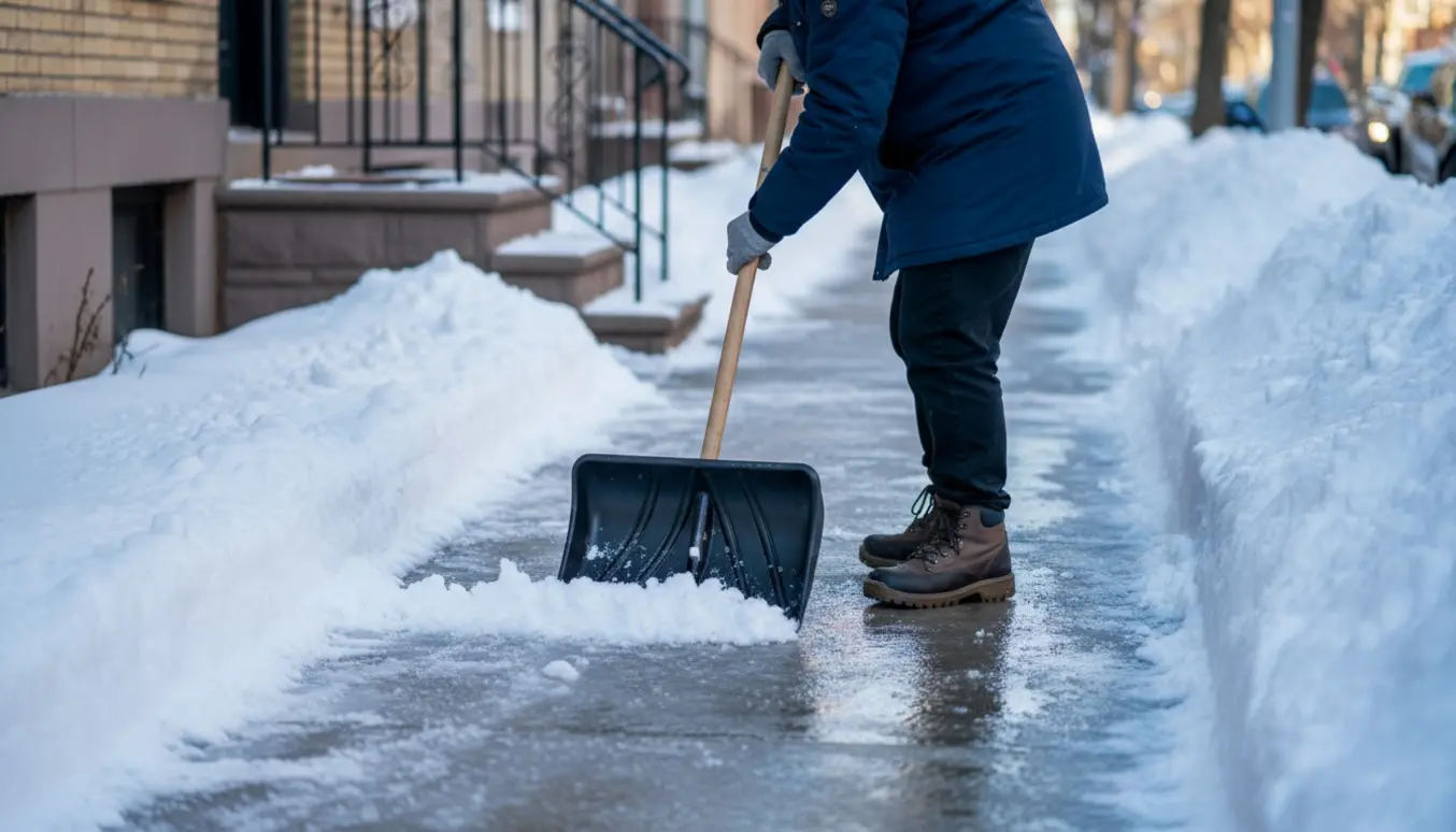 En person skovler sne væk fra fortovet og indgangen med en sneskovl, mens en ryddet sti fører til døren uden synligt salt.