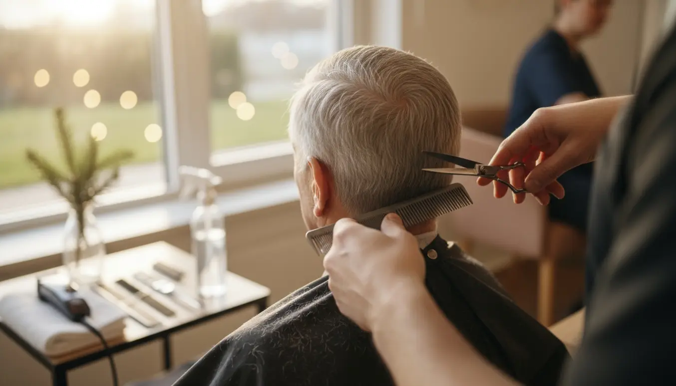 Frisør klipper en ældre mand på plejecenter, set bagfra med fokus på hænderne og håret.