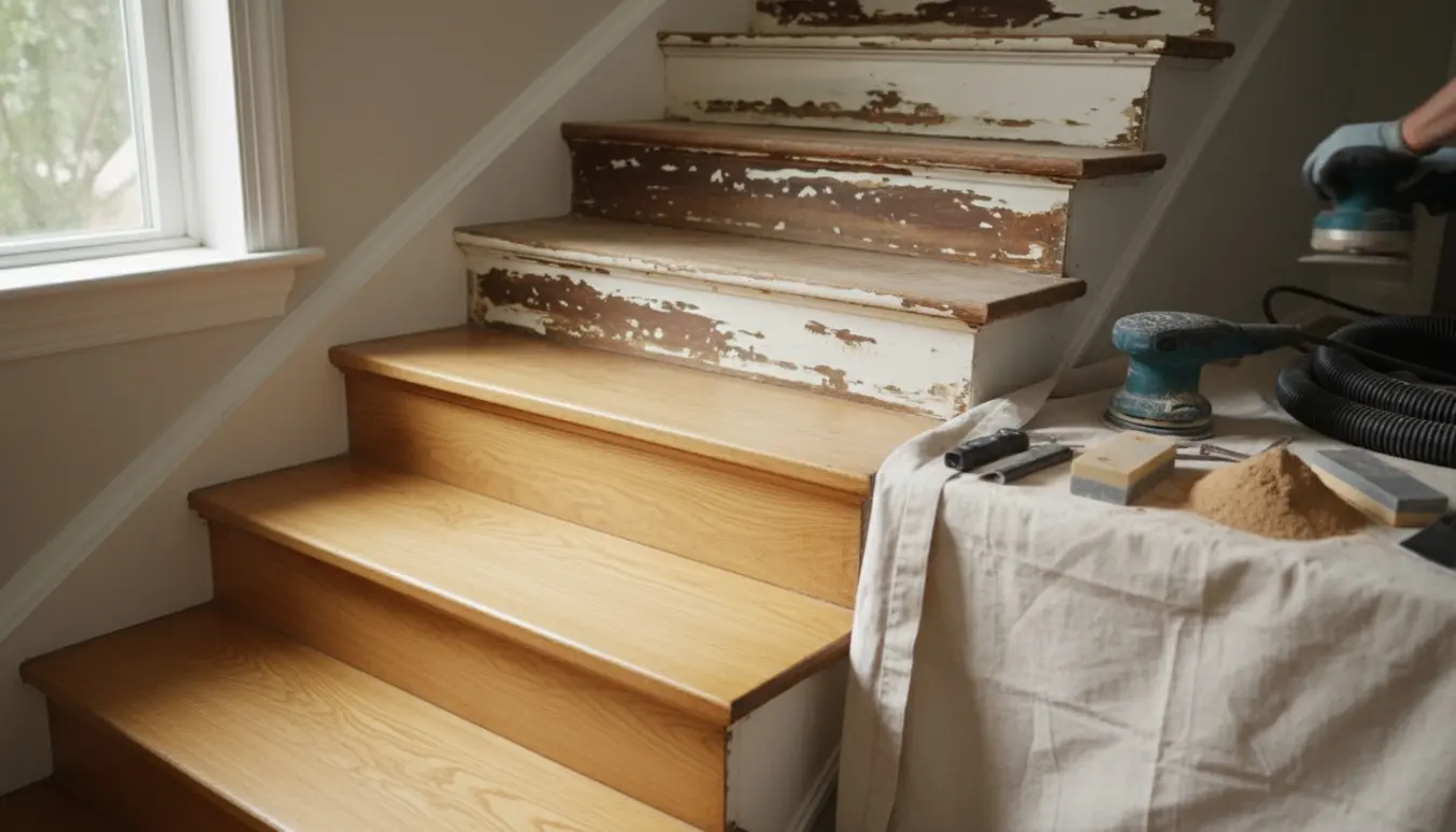 En trappe under renovering med 13 trin, hvor nogle trin er slibede og andre stadig har afskallet maling.