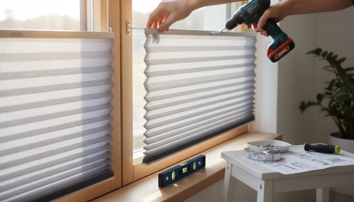 Hænder monterer plisségardin i en lys skandinavisk stue ved vinduet.