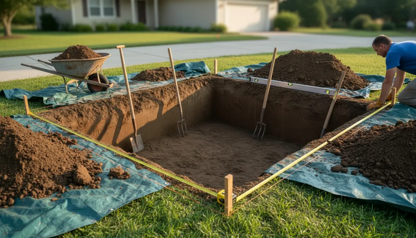 Et rektangulært hul til trampolin graves i forhaven med skovl, trillebør og opmålte pæle.