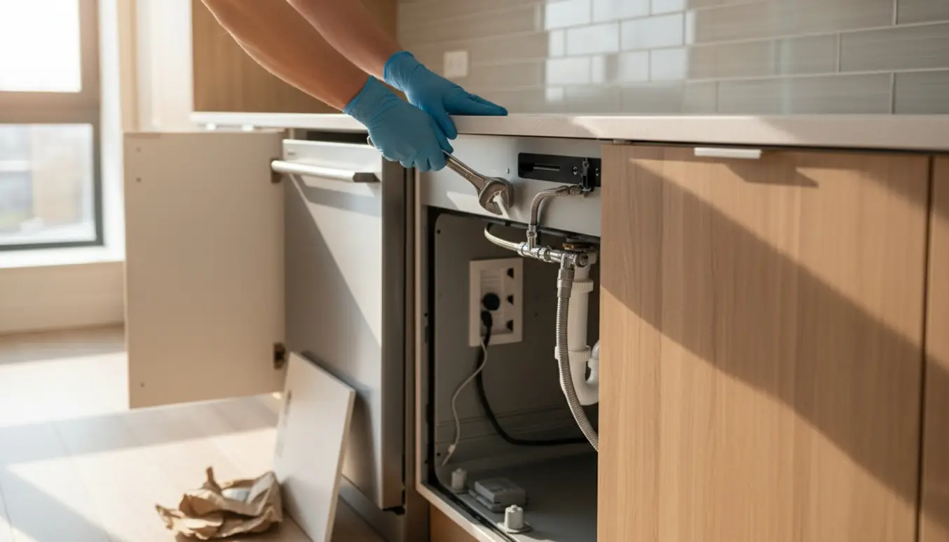 Hænder tilslutter en ny indbygget opvaskemaskine under køkkenvasken med vandtilslutning og afløb synlige.