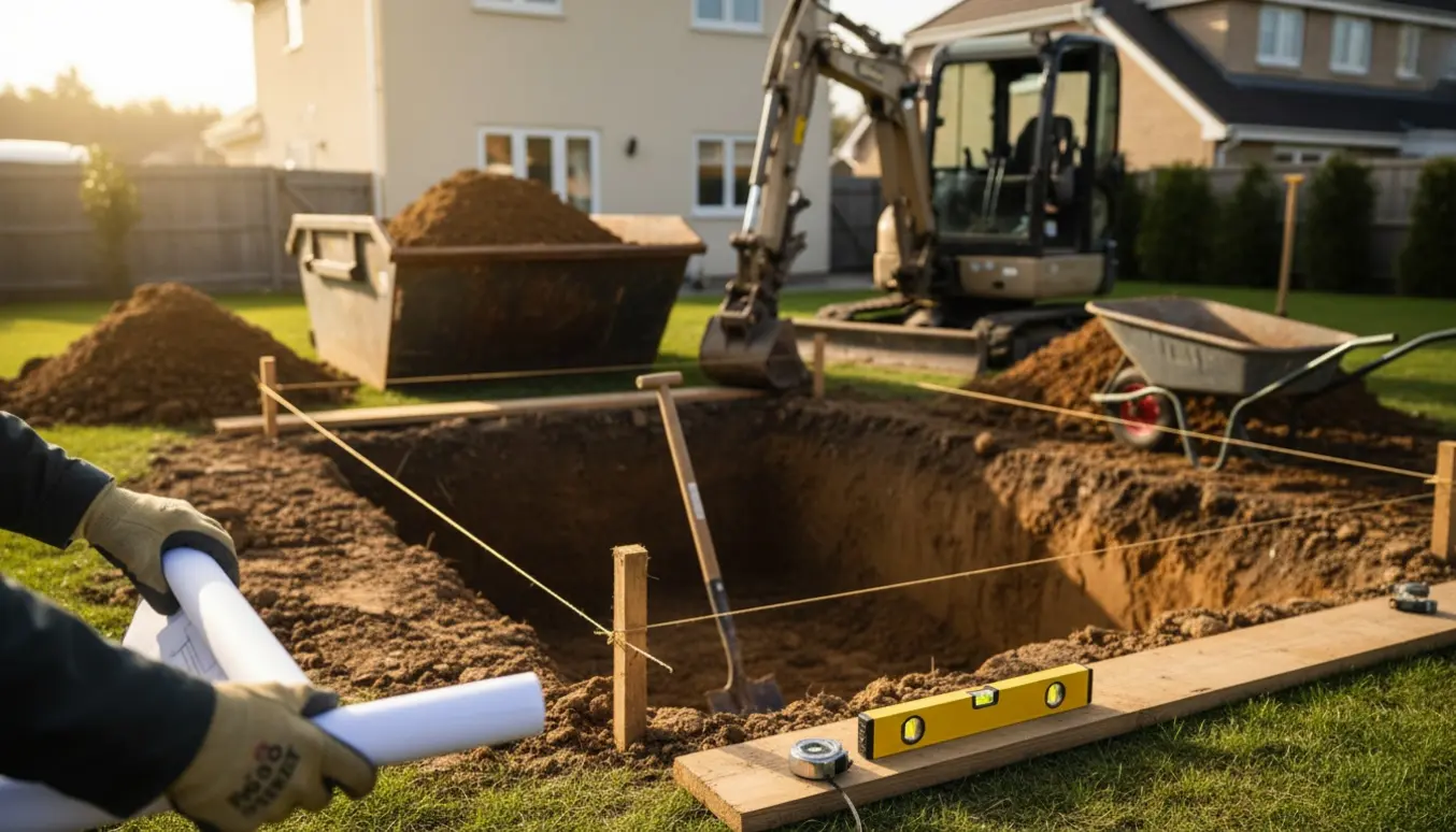 Udgravning til tilbygning med markeret fundament, skovle og afgravet jord.