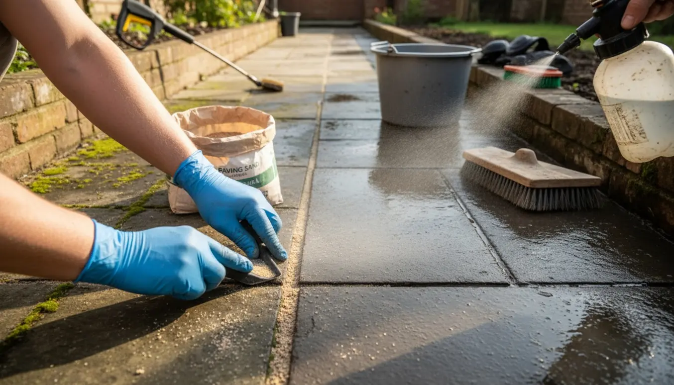 Nærbillede af rensede fliser hvor hands fylder fugesand og sprøjter imprægnering.