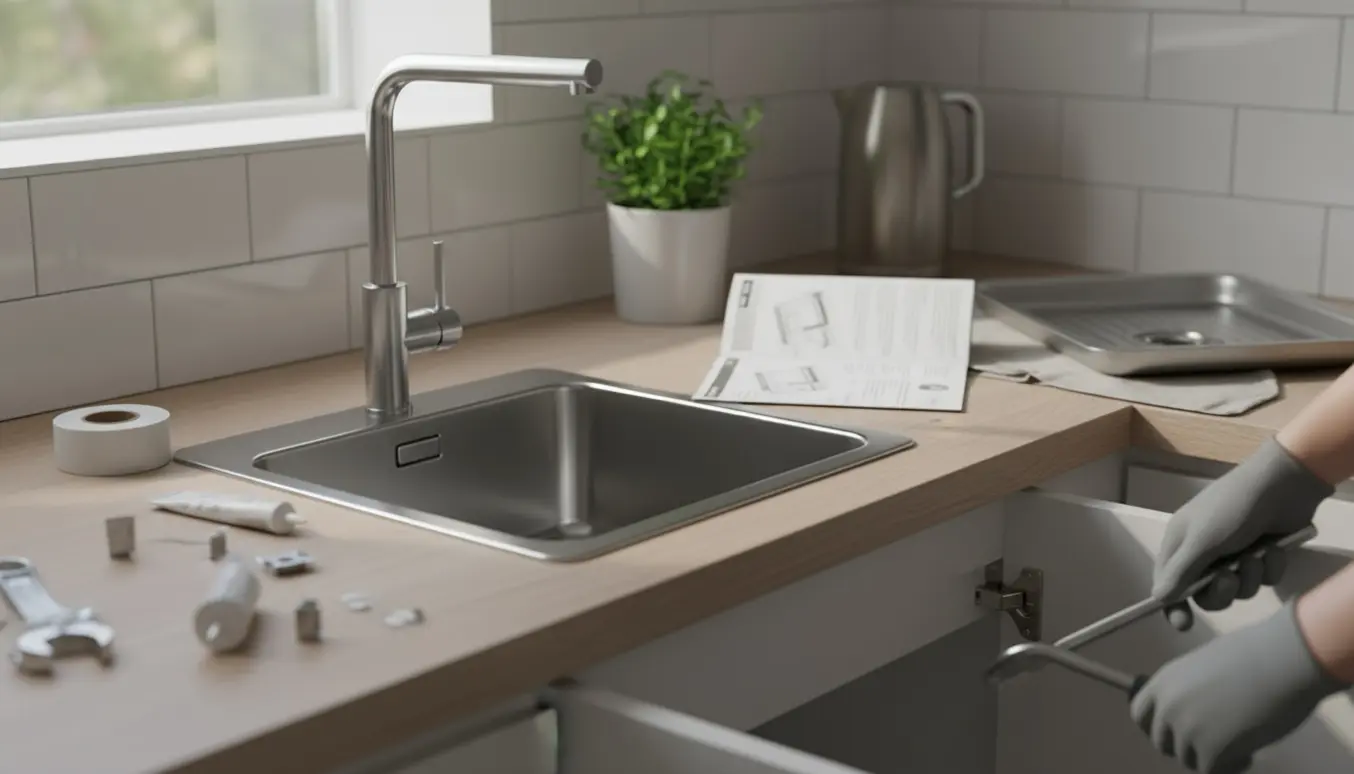 Nærbillede af installation af nyt køkkenvask og vandhane med værktøj på en lys træbordplade.