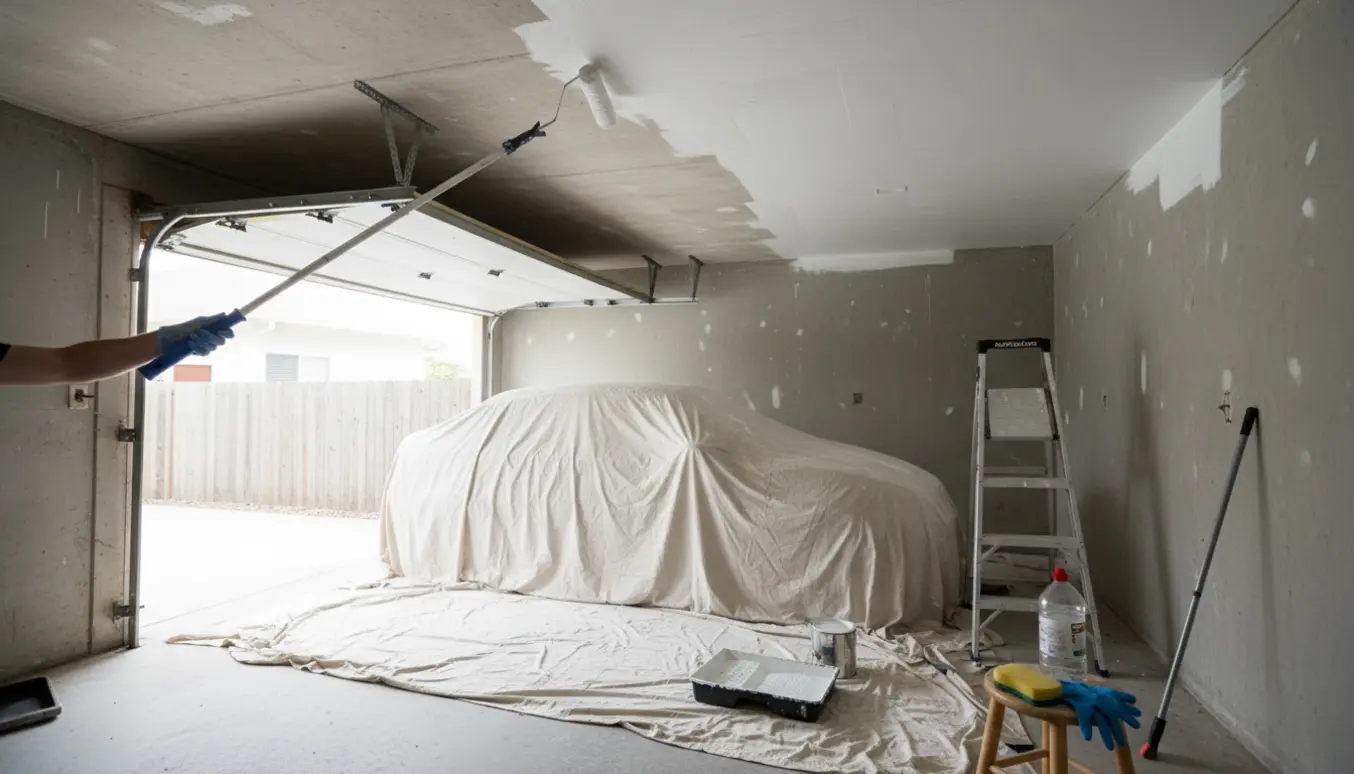 Indvendigt garageloft halvt vasket og nymalet hvidt med malerulle, malerbøtte og rengøringsflaske i forgrunden.