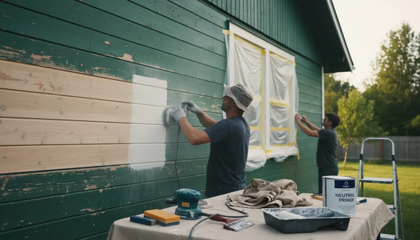 Erfaren maler sliber og afdækker et lille træhus, mens et par vinduer er dækkede og en sektion er klar til ny maling.